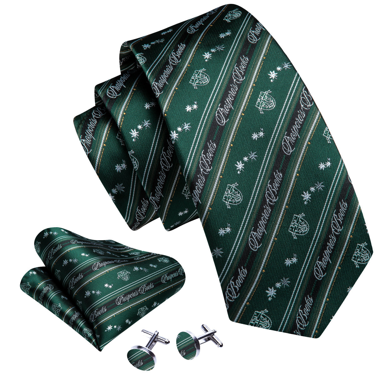 Dark Green Floral Striped Silk Tie Set - GentCrest - View 2