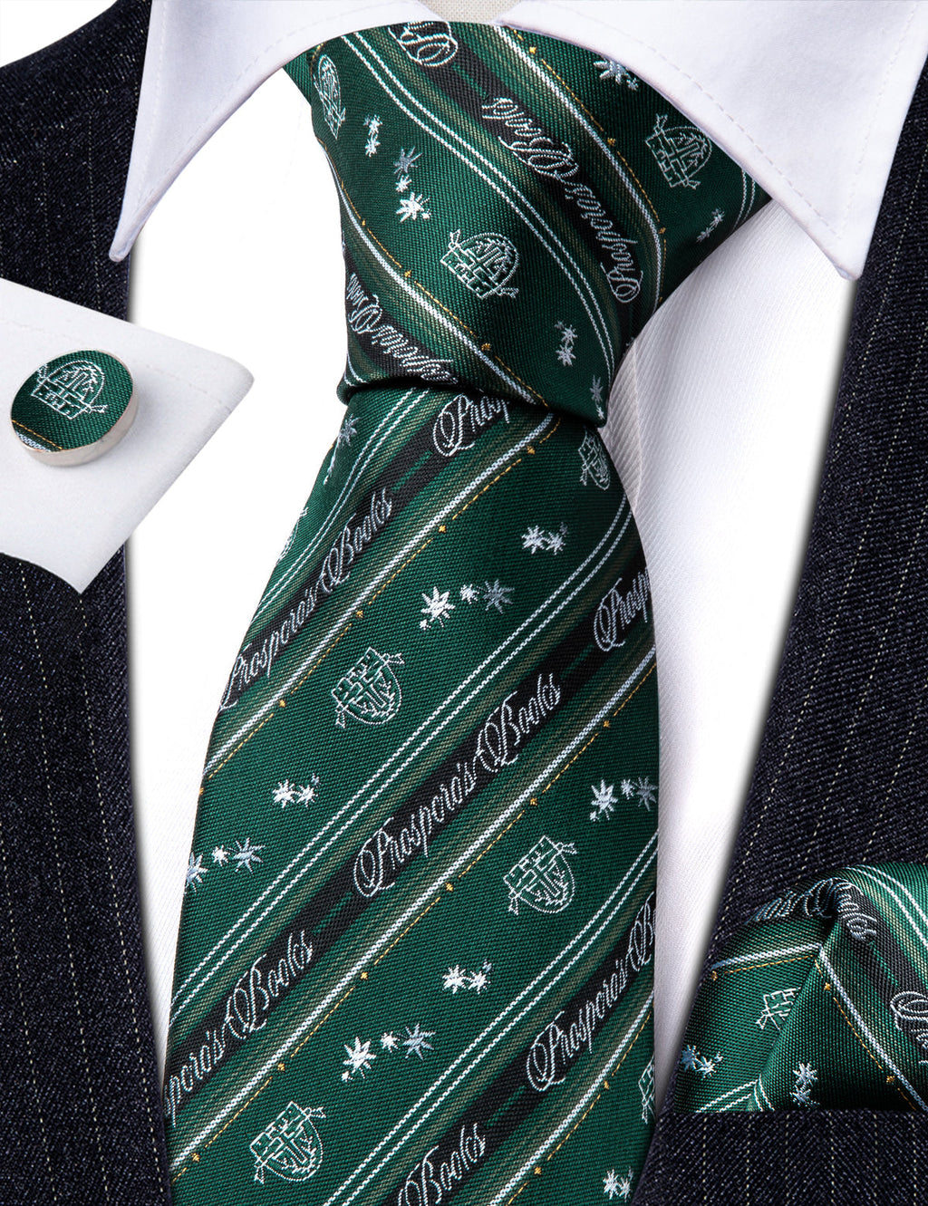 Dark Green Floral Striped Silk Tie Set - GentCrest - View 6