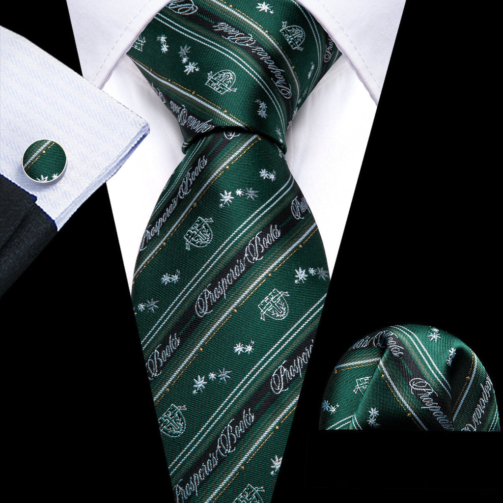 Dark Green Floral Striped Silk Tie Set - GentCrest
