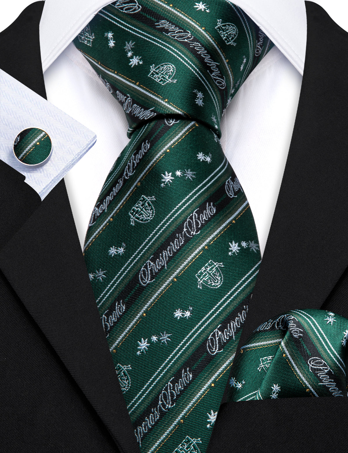 Dark Green Floral Striped Silk Tie Set - GentCrest - View 5