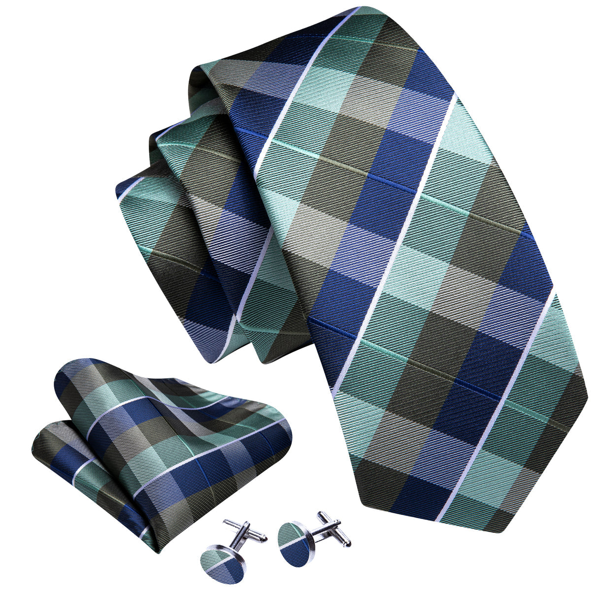 Blue Green Novetly Plaid Silk Tie Set - GentCrest - View 2