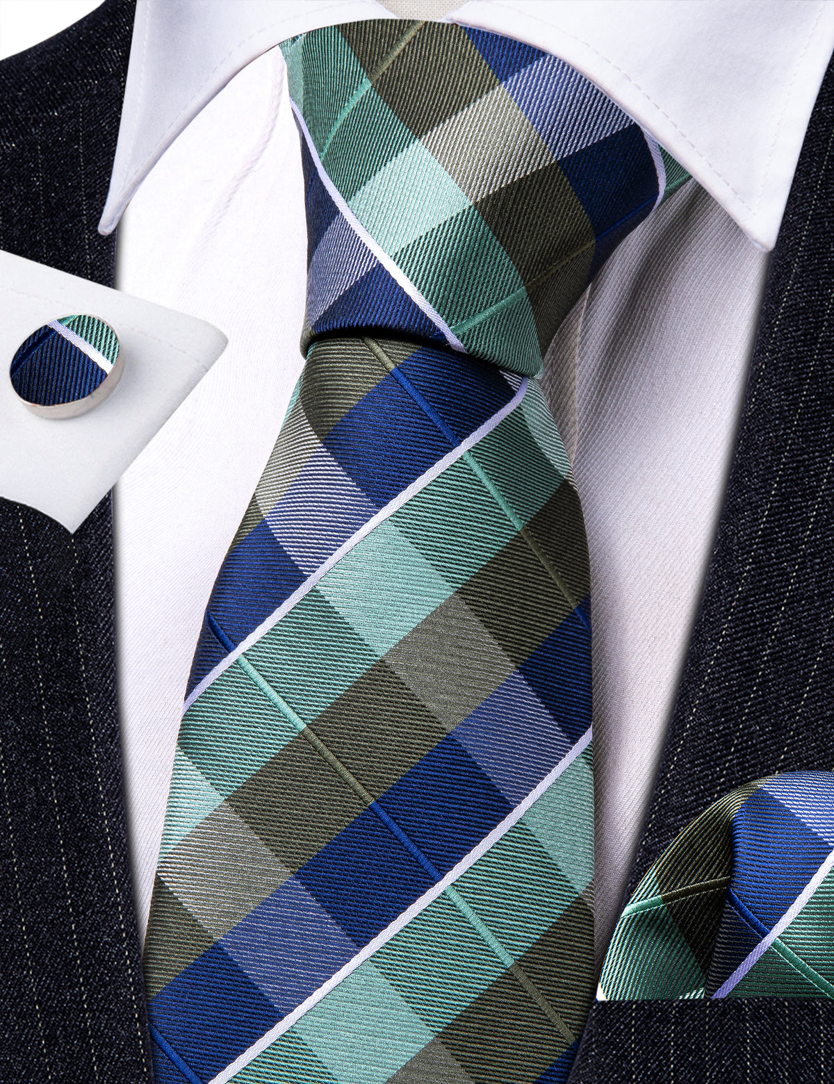 Blue Green Novetly Plaid Silk Tie Set - GentCrest - View 6