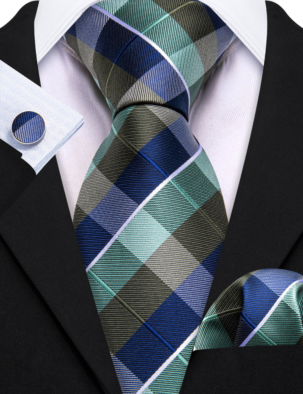 Blue Green Novetly Plaid Silk Tie Set - GentCrest - View 5
