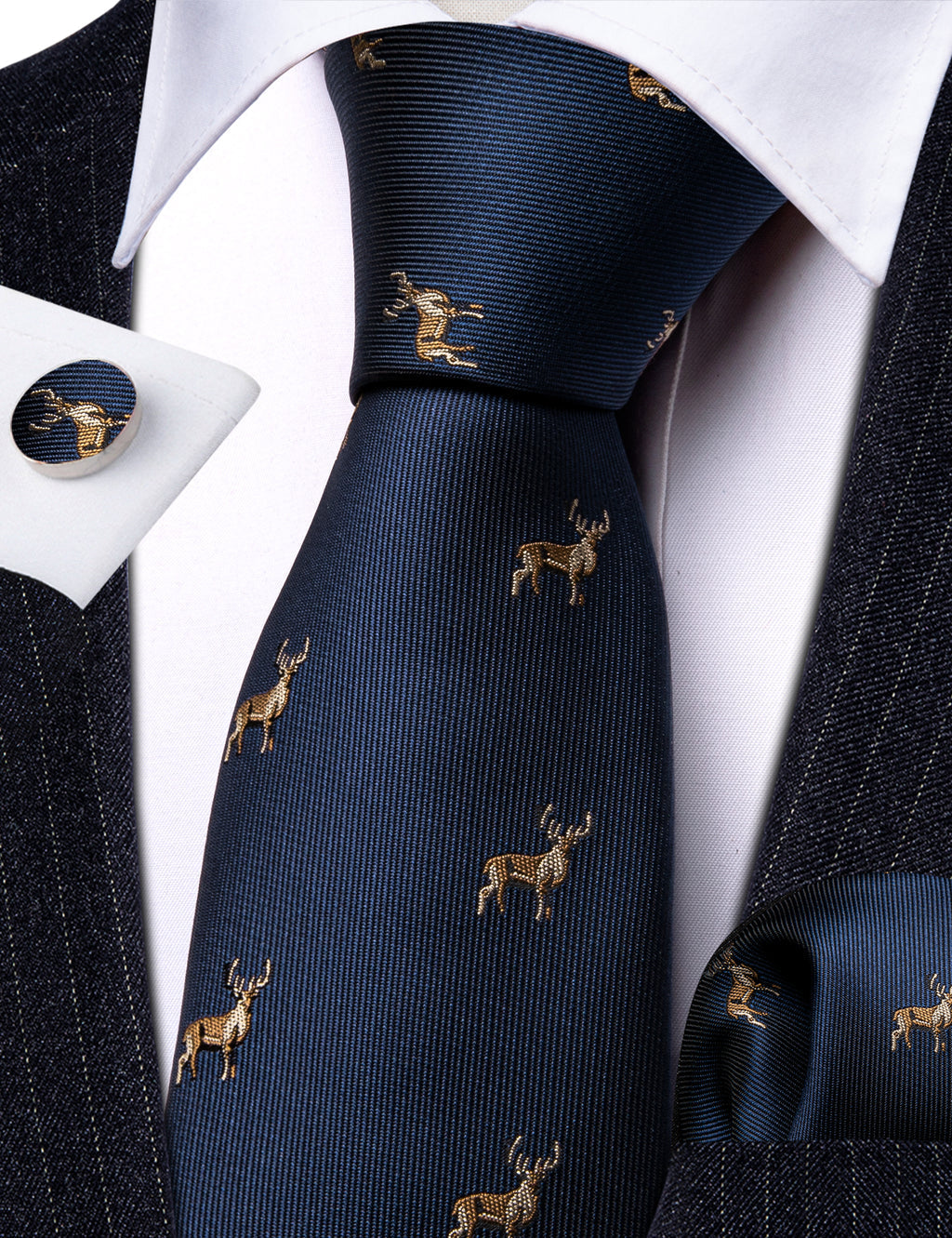 Deep Blue Deer Floral Silk Tie Set - GentCrest - View 5