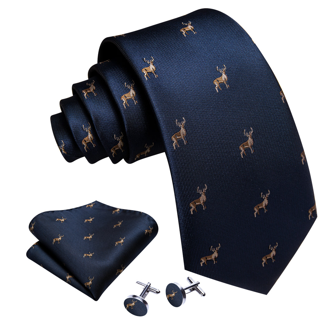 Deep Blue Deer Floral Silk Tie Set - GentCrest - View 3