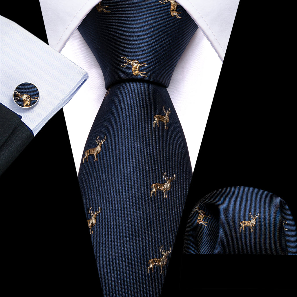 Deep Blue Deer Floral Silk Tie Set - GentCrest - View 2