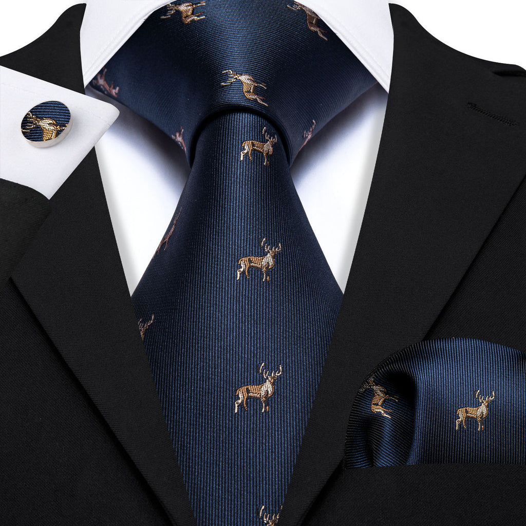Deep Blue Deer Floral Silk Tie Set - GentCrest