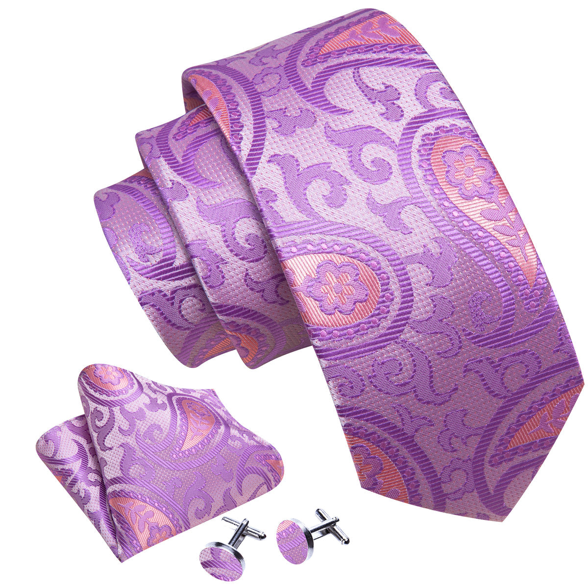 Lavender Purple Pink Paisley Silk Tie Set - GentCrest - View 2