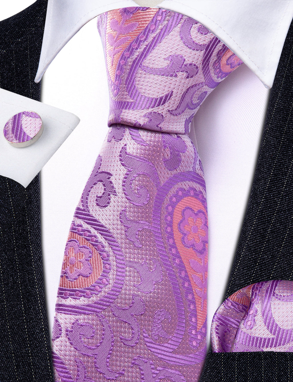 Lavender Purple Pink Paisley Silk Tie Set - GentCrest - View 6