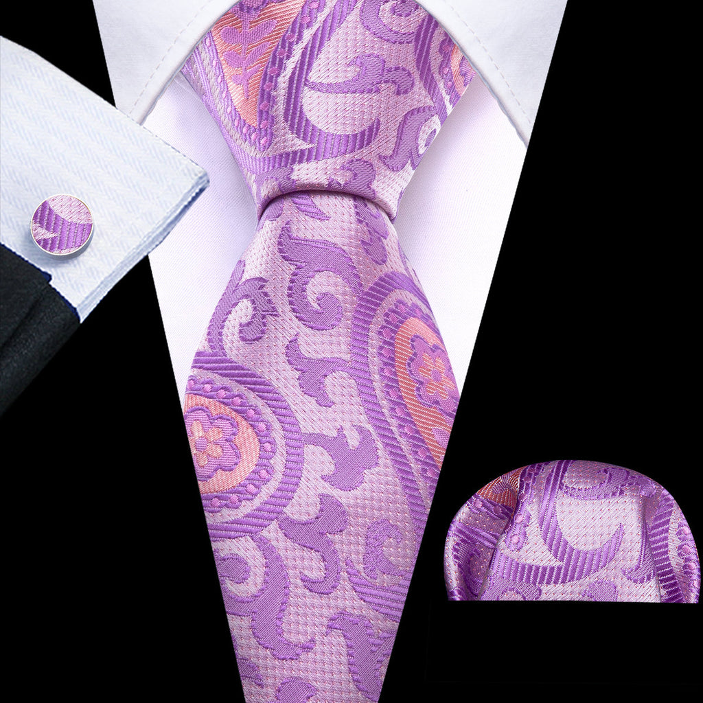 Lavender Purple Pink Paisley Silk Tie Set - GentCrest
