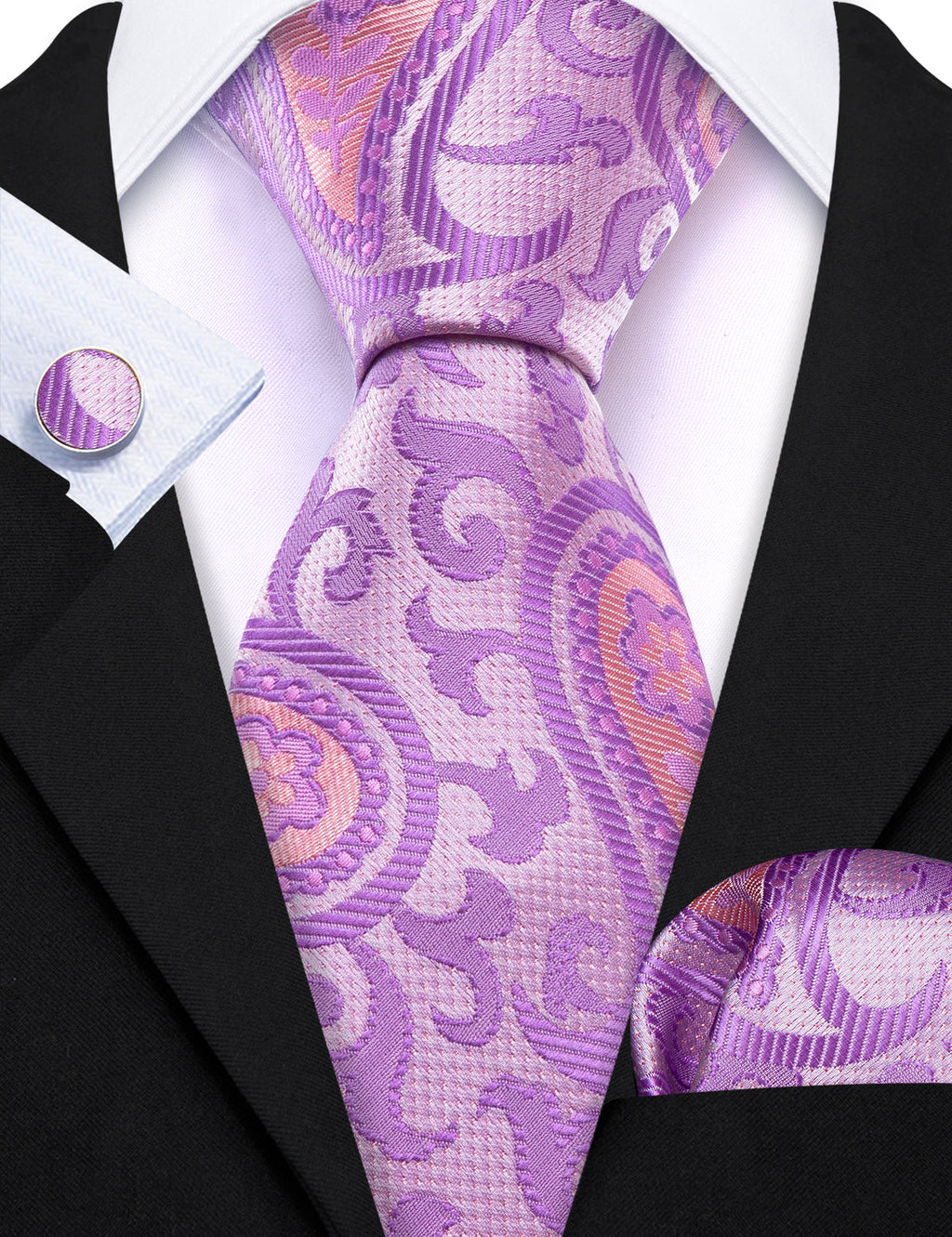 Lavender Purple Pink Paisley Silk Tie Set - GentCrest - View 5