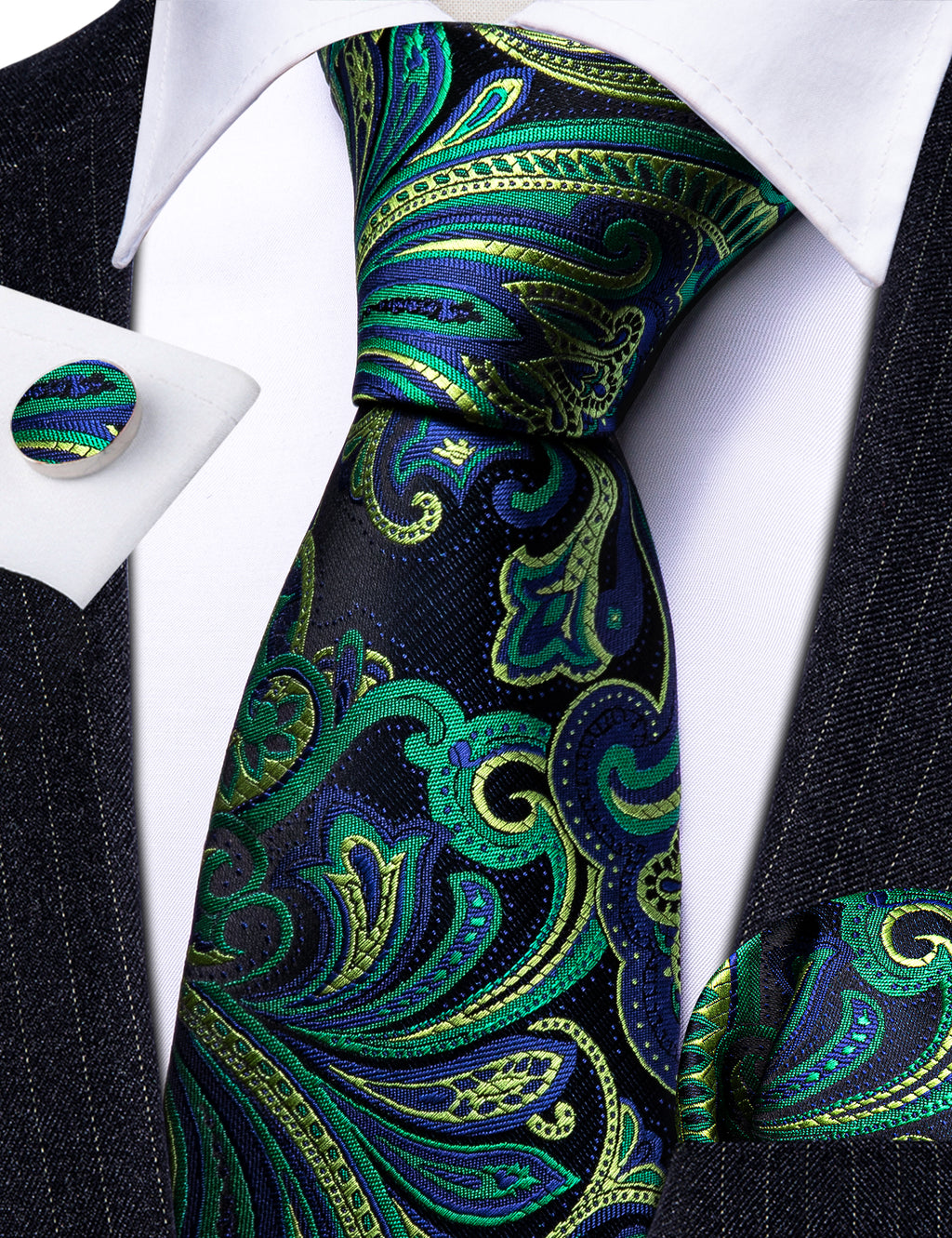 Blue Green Paisley Silk Tie Set - GentCrest - View 5