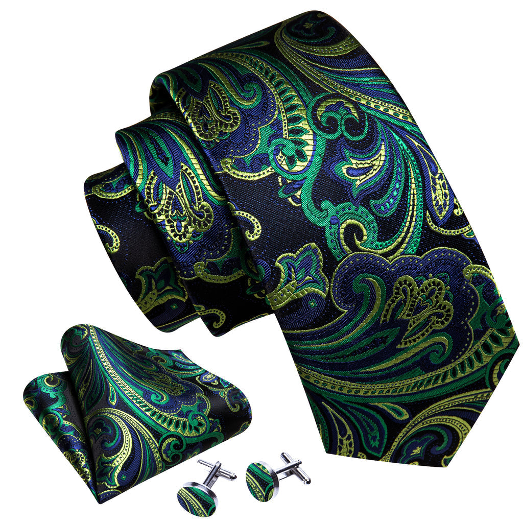 Blue Green Paisley Silk Tie Set - GentCrest - View 2