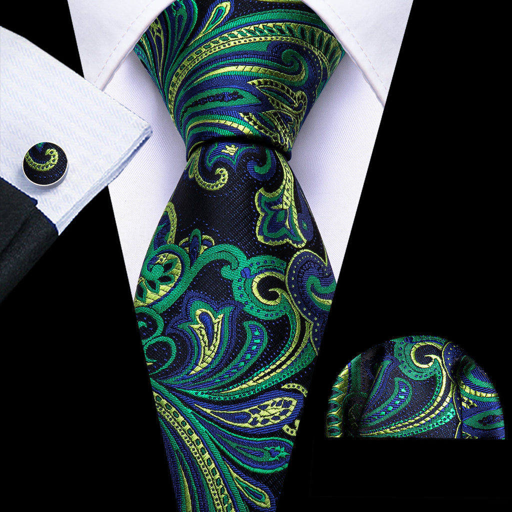 Blue Green Paisley Silk Tie Set - GentCrest