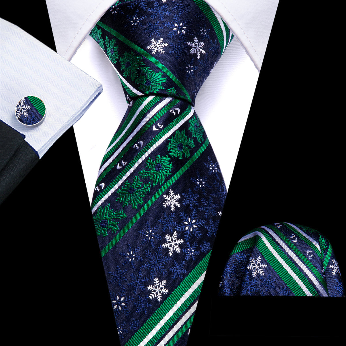 Teal & Sapphire Christmas Snowflake Silk Tie, Pocket Square, and Cufflinks Silk Tie Set - GentCrest