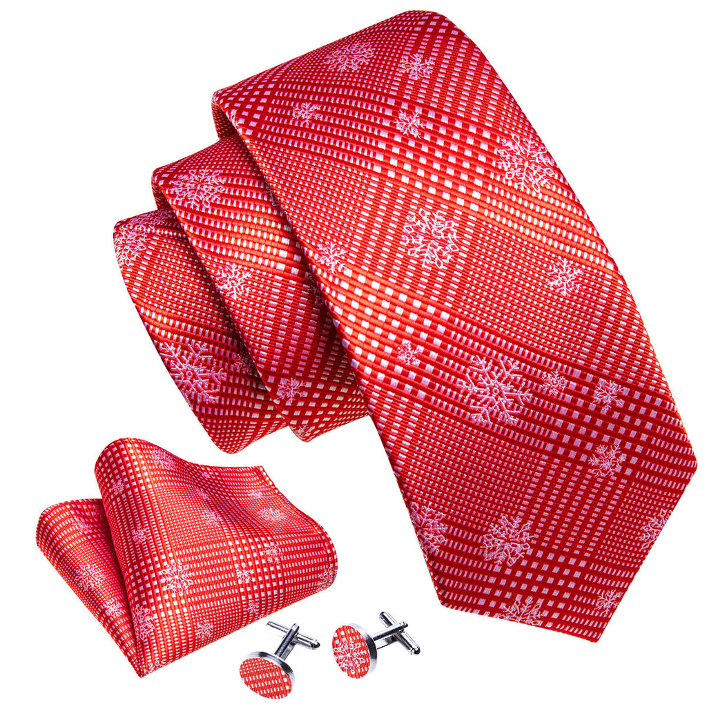 Red White Striped Christmas Snowflake Silk Tie Set - GentCrest - View 2