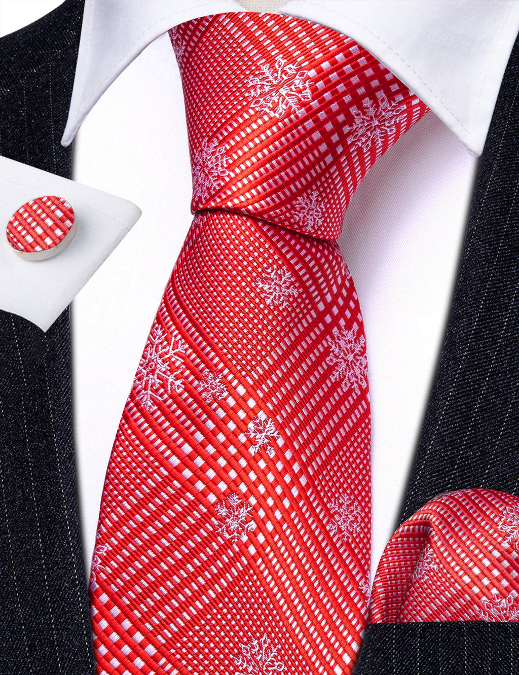 Red White Striped Christmas Snowflake Silk Tie Set - GentCrest - View 3