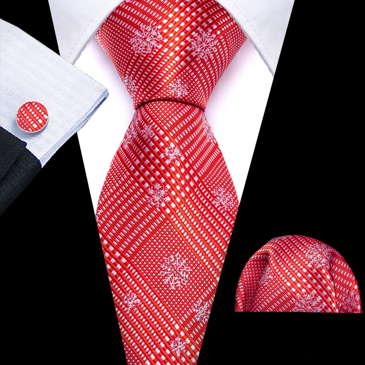 Red White Striped Christmas Snowflake Silk Tie Set - GentCrest