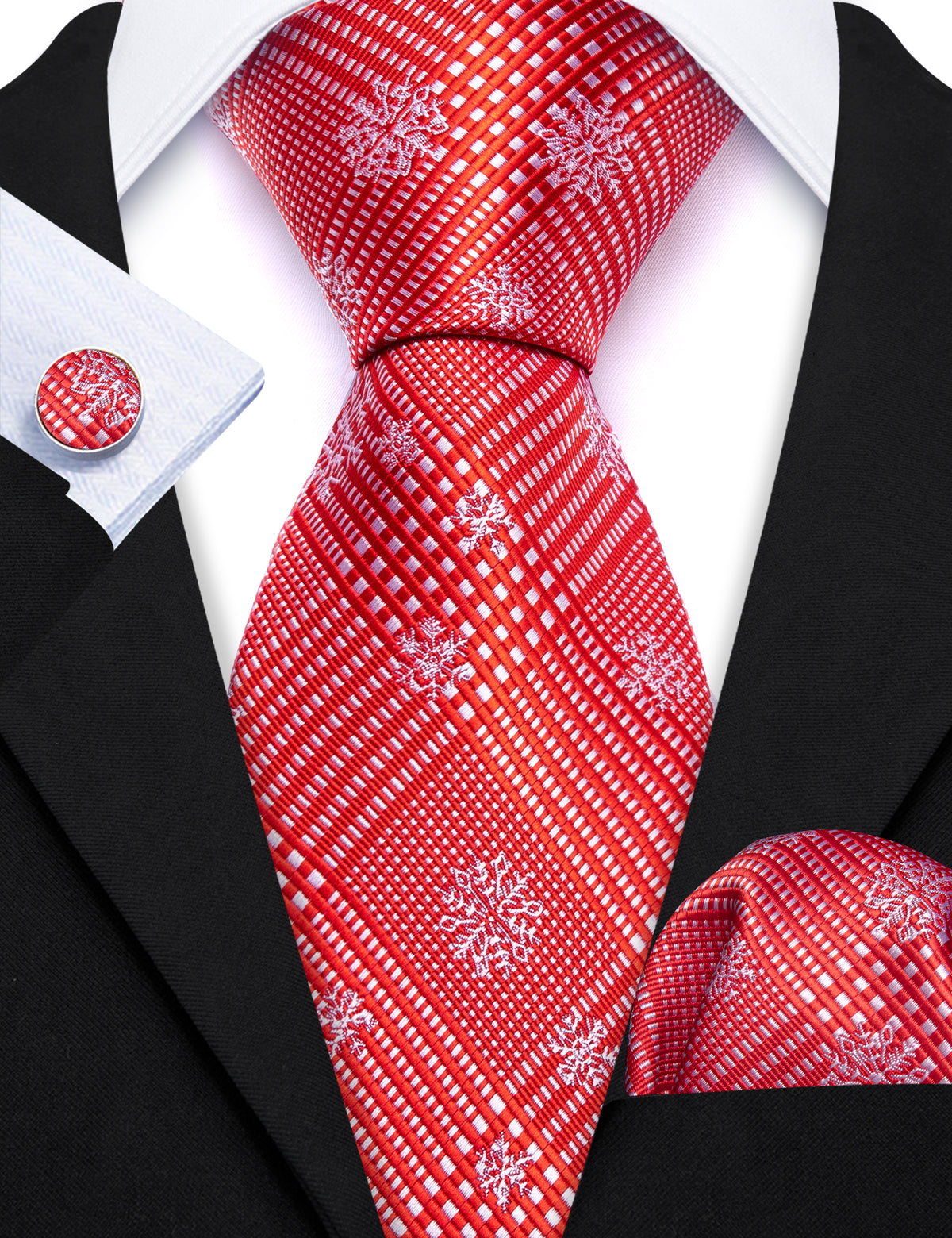 Red White Striped Christmas Snowflake Silk Tie Set - GentCrest - View 4