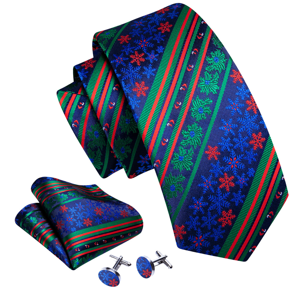 Teal & Forest Green Christmas Striped Floral Tie, Pocket Square, and Cufflinks Silk Tie Set - GentCrest - View 2