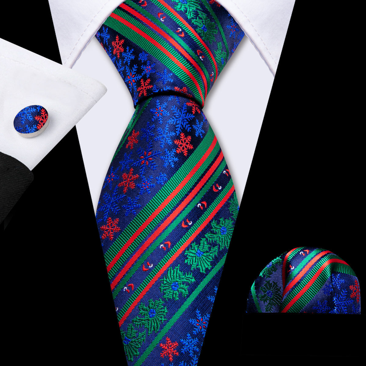 Teal & Forest Green Christmas Striped Floral Tie, Pocket Square, and Cufflinks Silk Tie Set - GentCrest