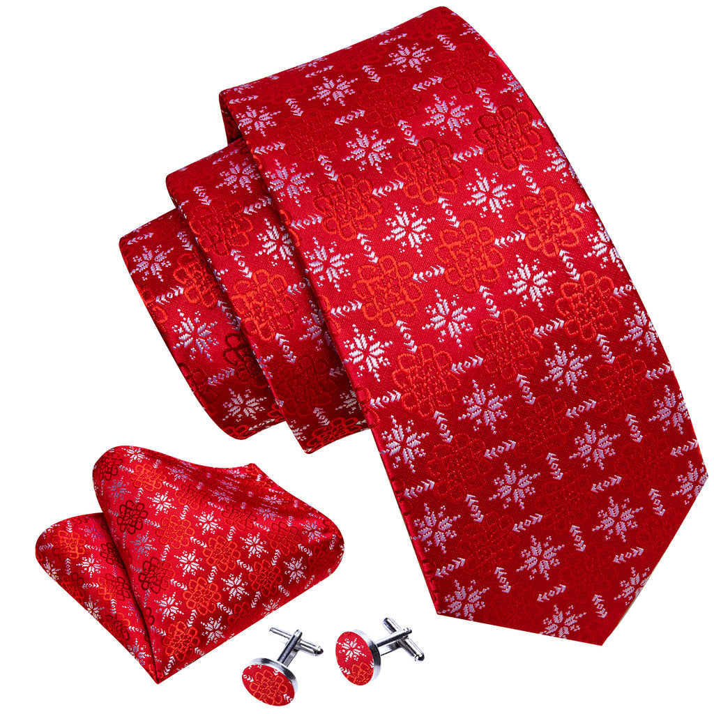 Crimson Snowflake Christmas Silk Tie, Pocket Square, and Cufflinks Silk Tie Set - GentCrest - View 2