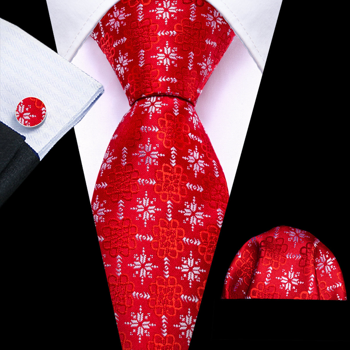 Crimson Snowflake Christmas Silk Tie, Pocket Square, and Cufflinks Silk Tie Set - GentCrest