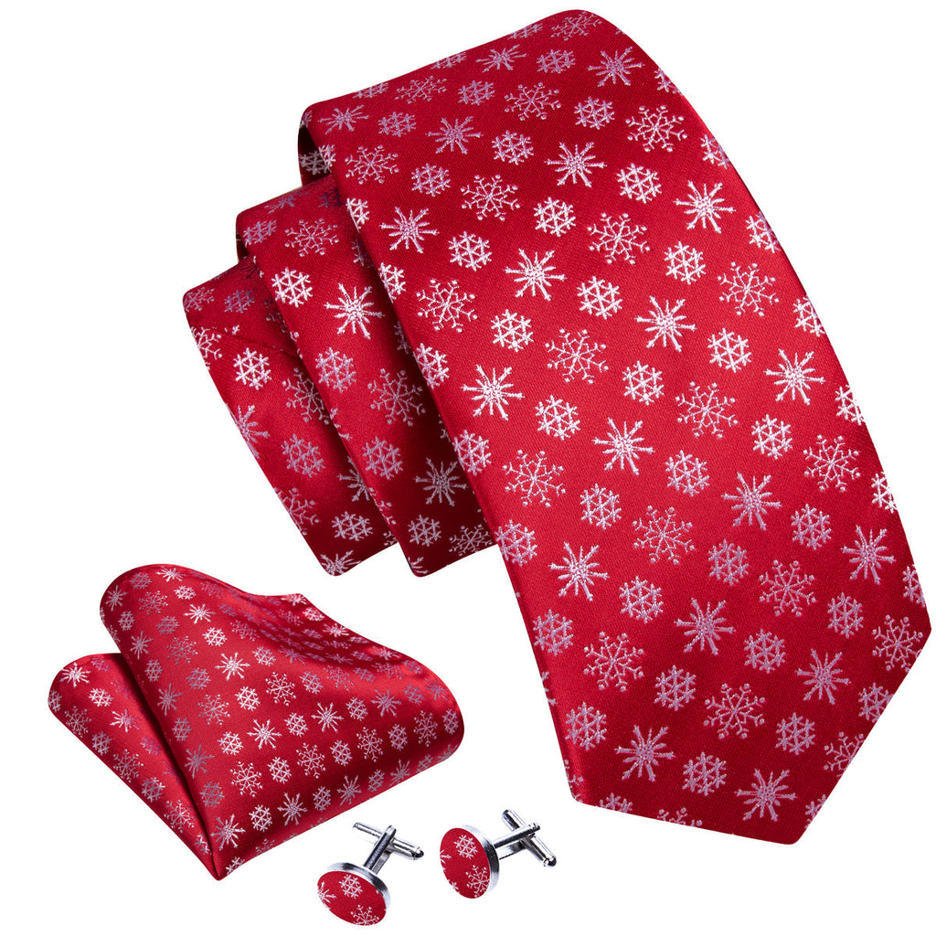 Crimson & White Snowflake Christmas Tie, Pocket Square, and Cufflinks Silk Tie Set - GentCrest - View 2