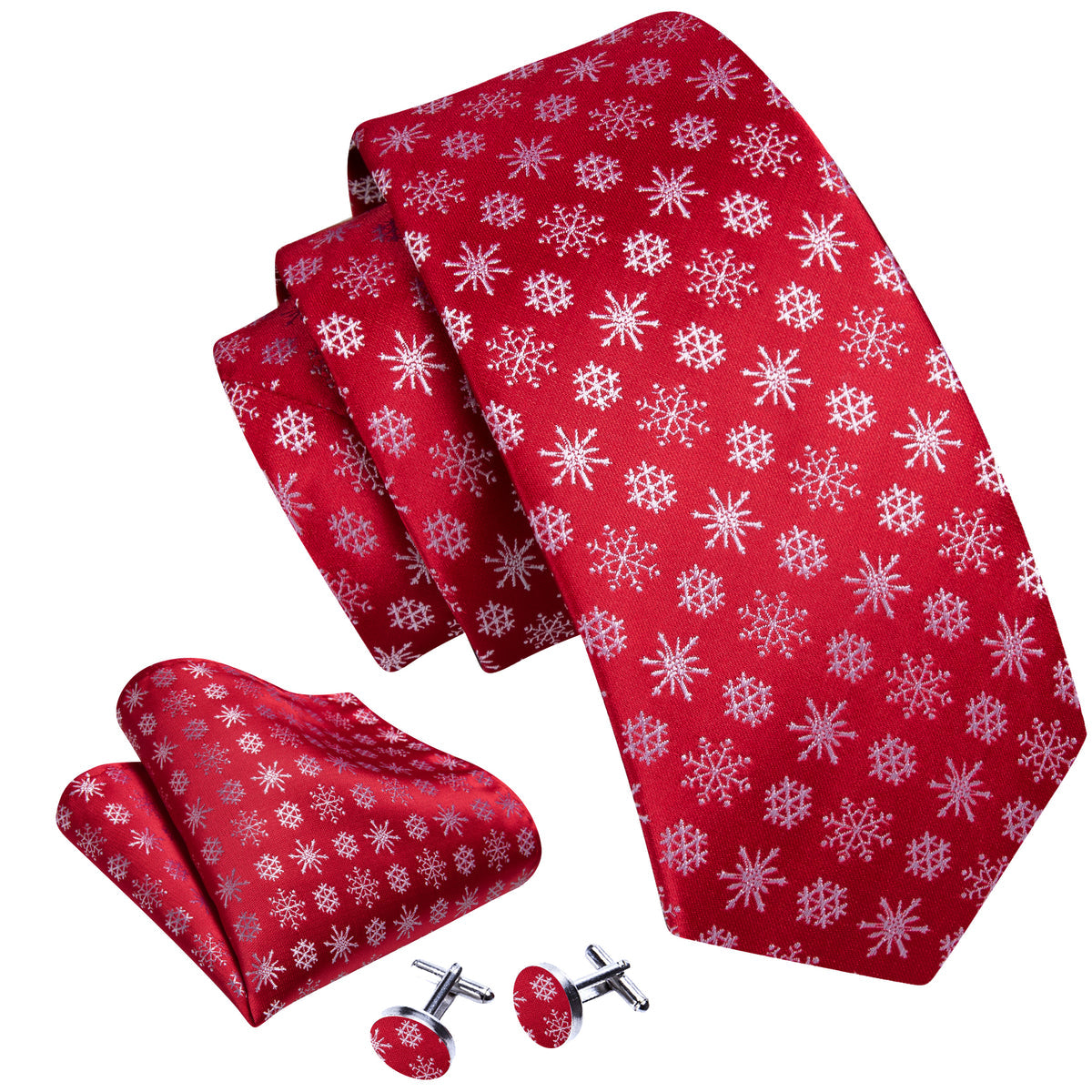 Crimson & White Snowflake Christmas Tie, Pocket Square, and Cufflinks Silk Tie Set - GentCrest - View 2