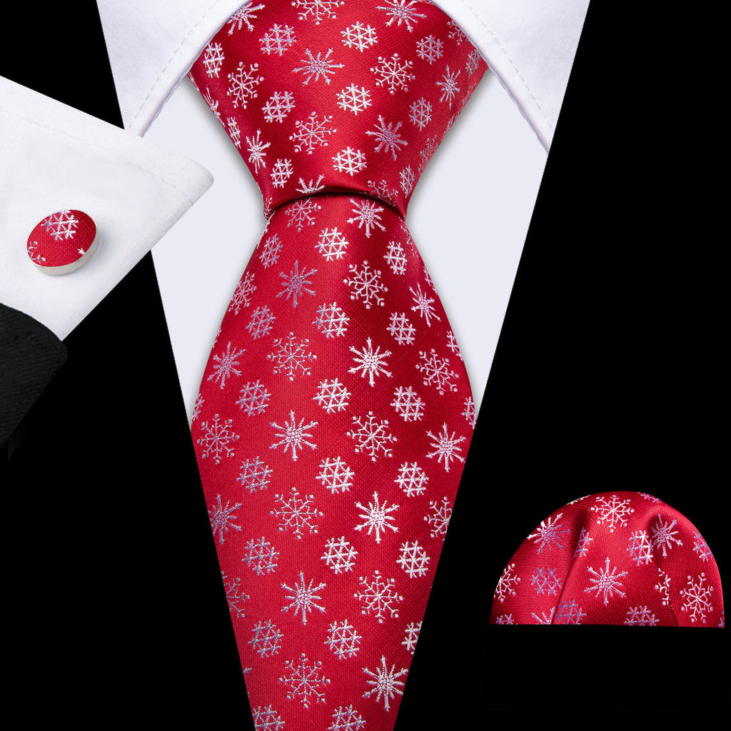 Crimson & White Snowflake Christmas Tie, Pocket Square, and Cufflinks Silk Tie Set - GentCrest
