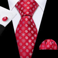 Crimson & White Snowflake Christmas Tie, Pocket Square, and Cufflinks Silk Tie Set - GentCrest