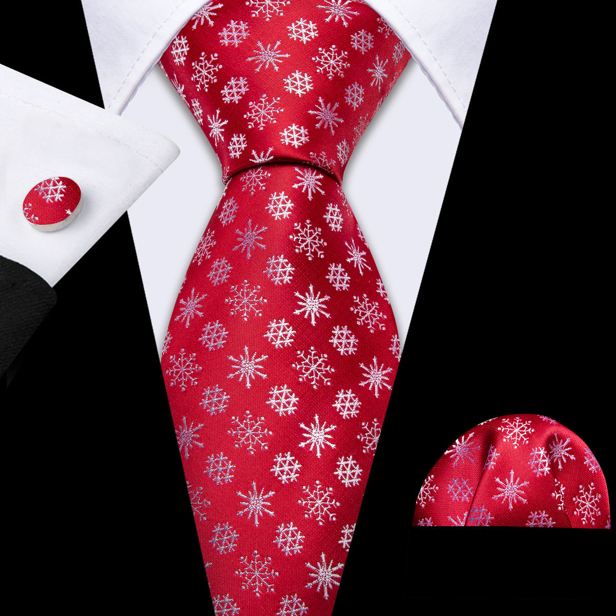 Crimson & White Snowflake Christmas Tie, Pocket Square, and Cufflinks Silk Tie Set - GentCrest