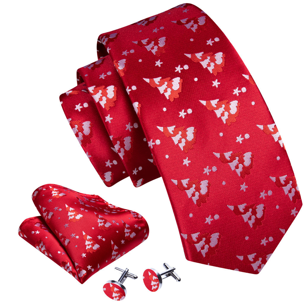 Scarlet Red & White Christmas Tree Tie, Pocket Square, and Cufflinks Silk Tie Set - GentCrest - View 2