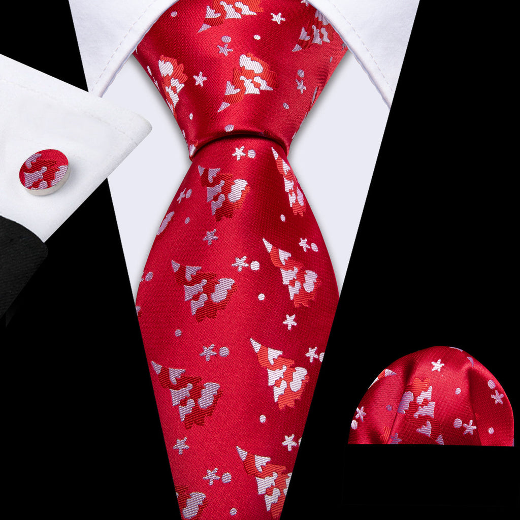 Scarlet Red & White Christmas Tree Tie, Pocket Square, and Cufflinks Silk Tie Set - GentCrest