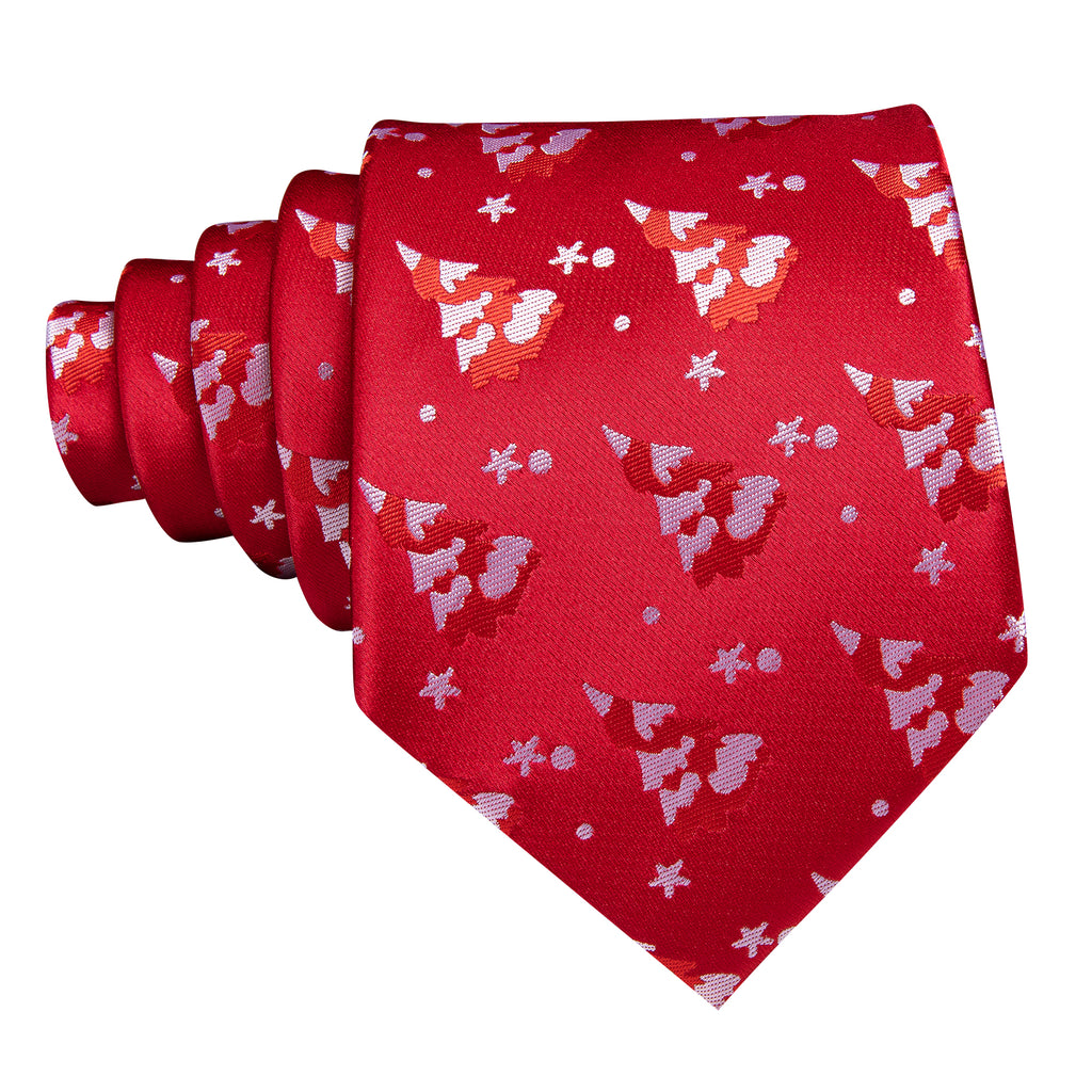 Scarlet Red & White Christmas Tree Tie, Pocket Square, and Cufflinks Silk Tie Set - GentCrest - View 3