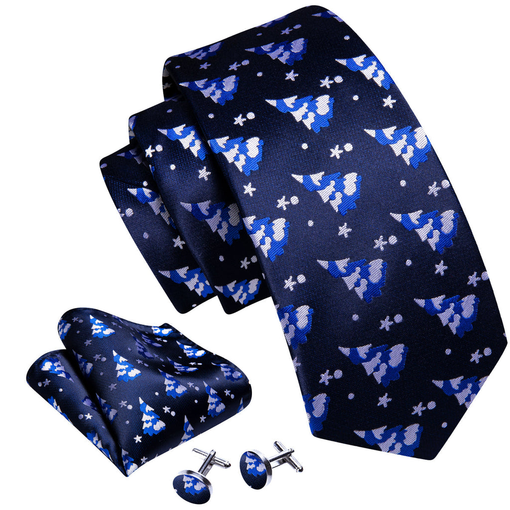 Azure Blue & White Christmas Tree Tie, Pocket Square, and Cufflinks Silk Tie Set - GentCrest - View 2