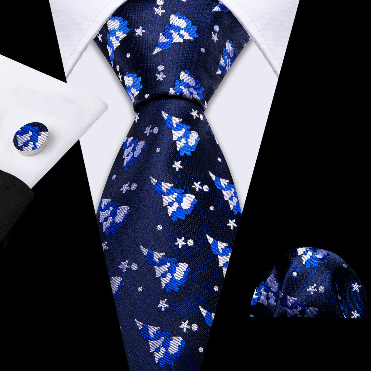Azure Blue & White Christmas Tree Tie, Pocket Square, and Cufflinks Silk Tie Set - GentCrest