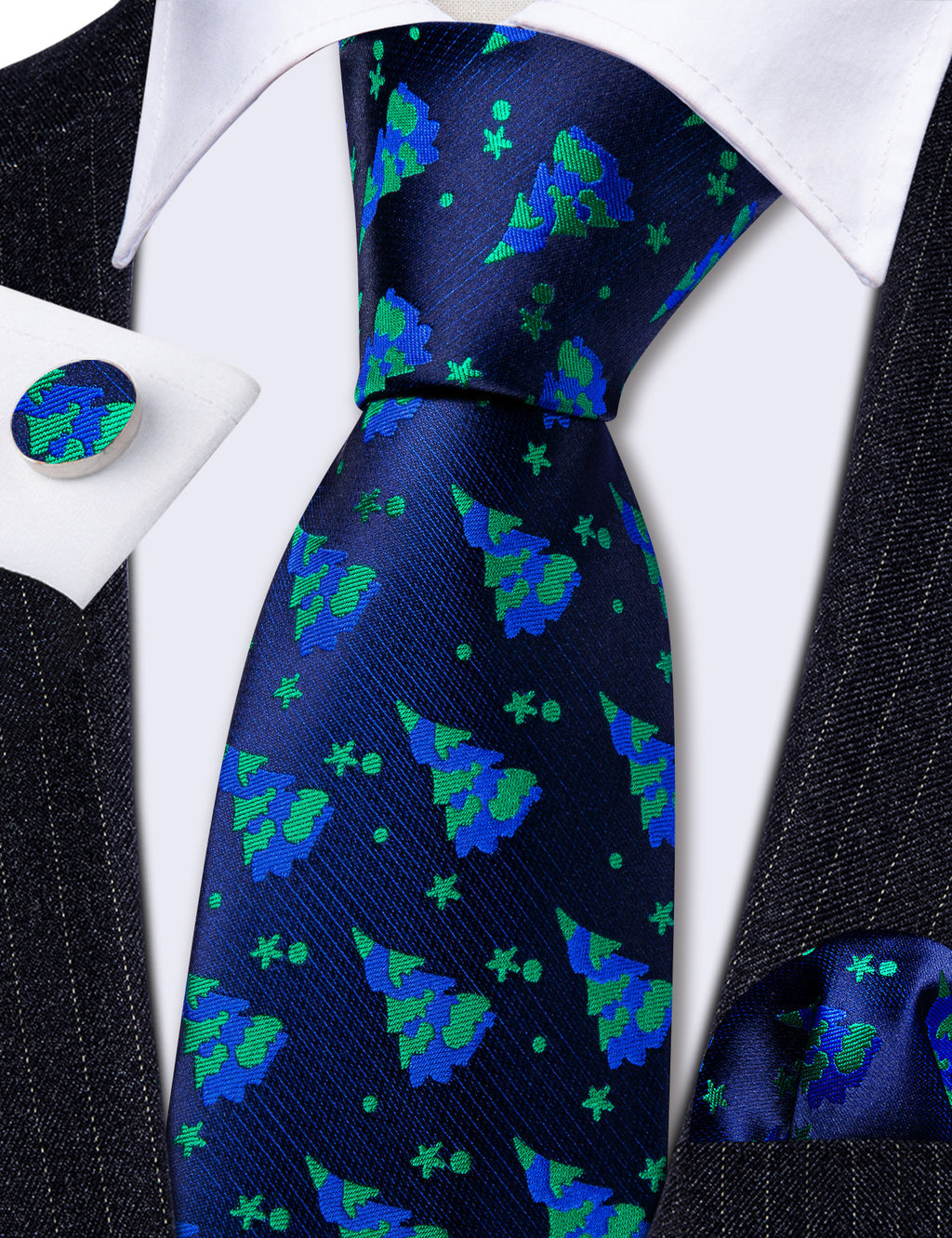 Blue Green Christmas Tree Silk Tie Set - GentCrest - View 2