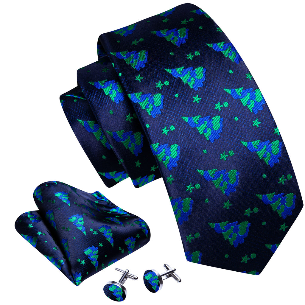 Blue Green Christmas Tree Silk Tie Set - GentCrest - View 3