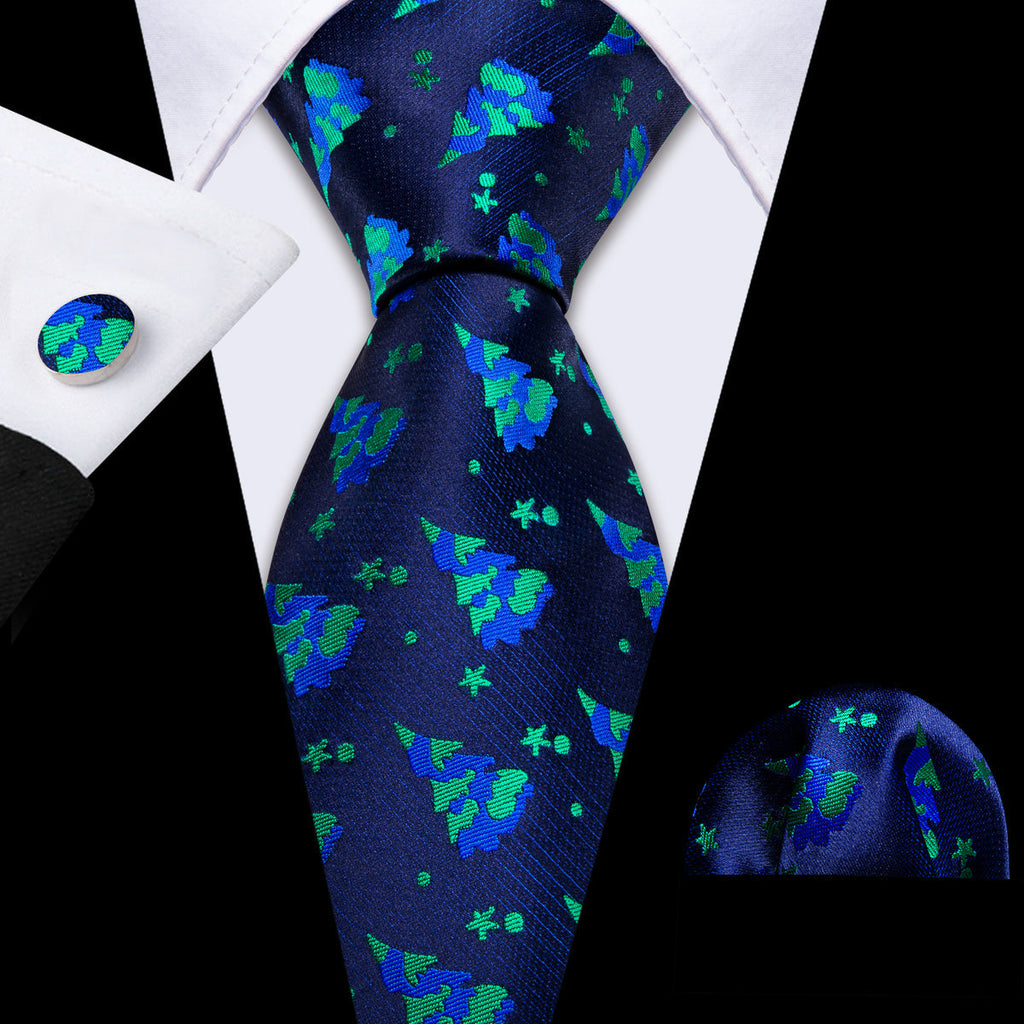 Blue Green Christmas Tree Silk Tie Set - GentCrest