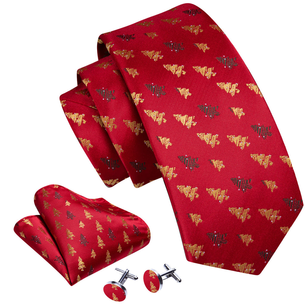 Crimson & Gold Christmas Tree Jacquard Tie, Pocket Square, and Cufflinks Silk Tie Set - GentCrest - View 2