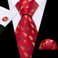 Crimson & Gold Christmas Tree Jacquard Tie, Pocket Square, and Cufflinks Silk Tie Set - GentCrest