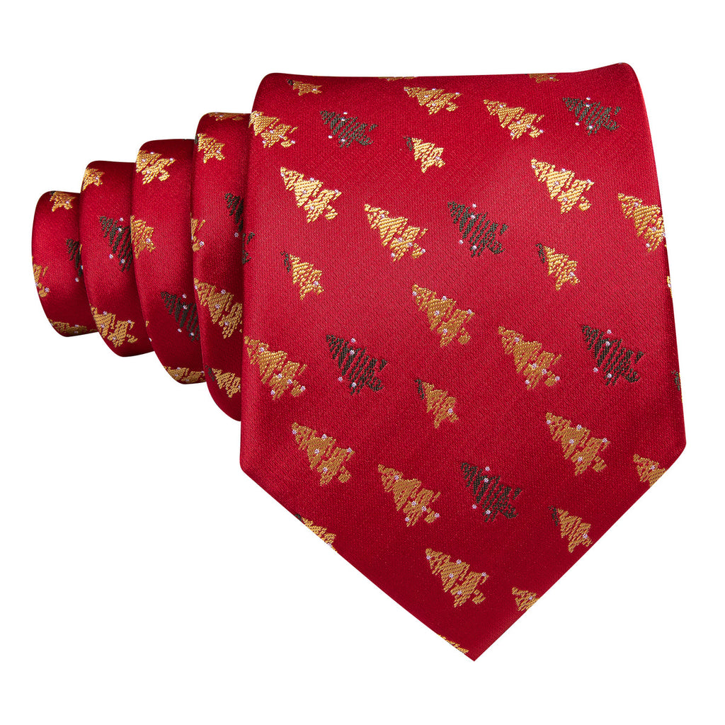 Crimson & Gold Christmas Tree Jacquard Tie, Pocket Square, and Cufflinks Silk Tie Set - GentCrest - View 3