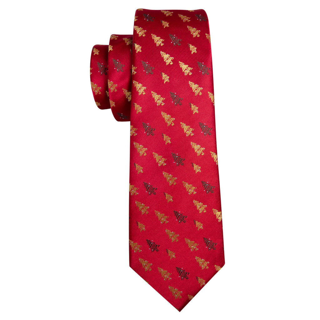 Crimson & Gold Christmas Tree Jacquard Tie, Pocket Square, and Cufflinks Silk Tie Set - GentCrest - View 4