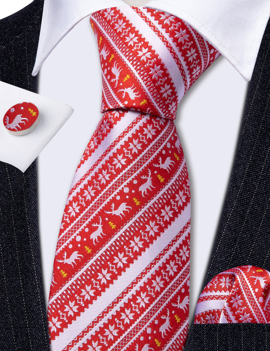 Red Silver Christmas Elk Floral Silk Tie Set - GentCrest - View 3