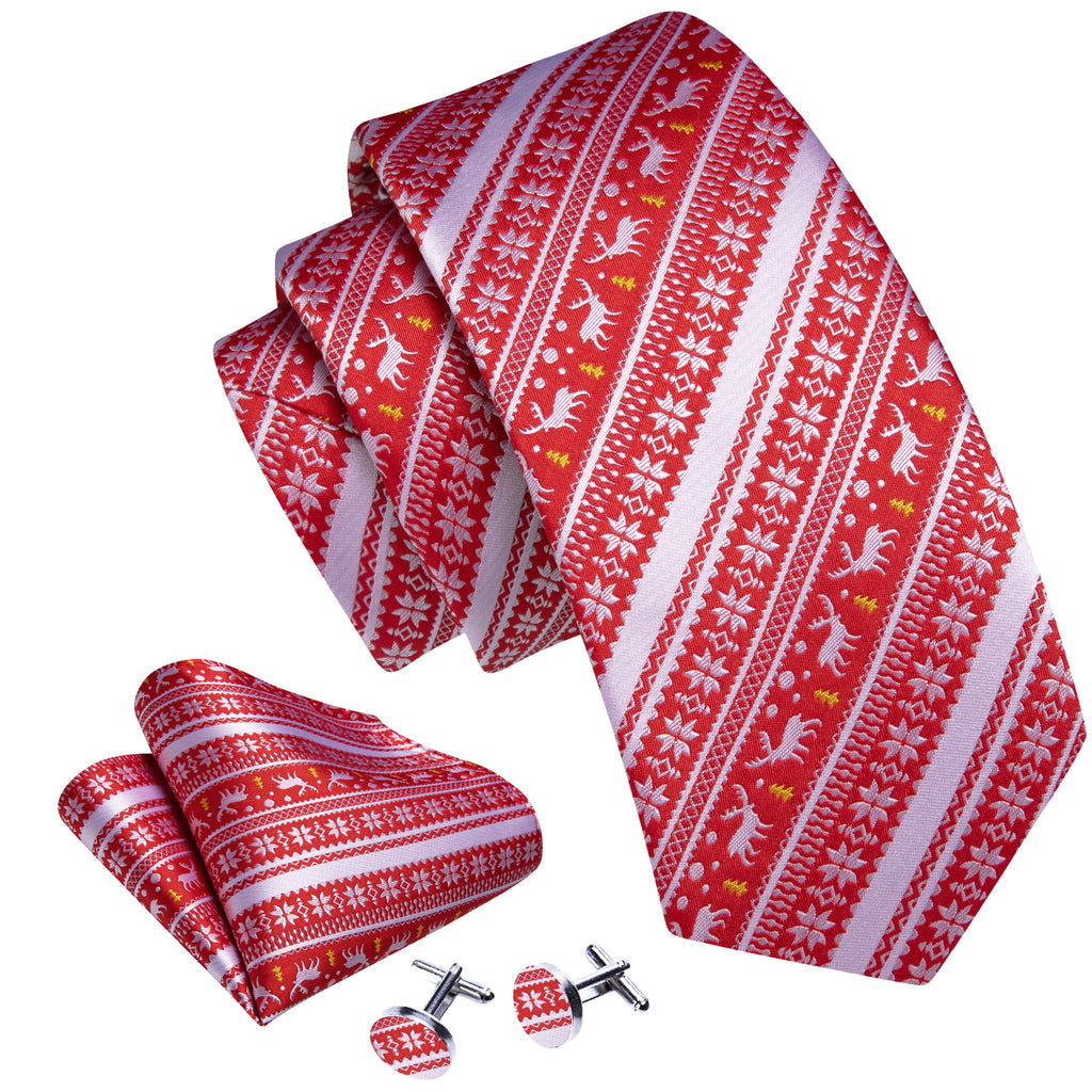 Red Silver Christmas Elk Floral Silk Tie Set - GentCrest - View 2