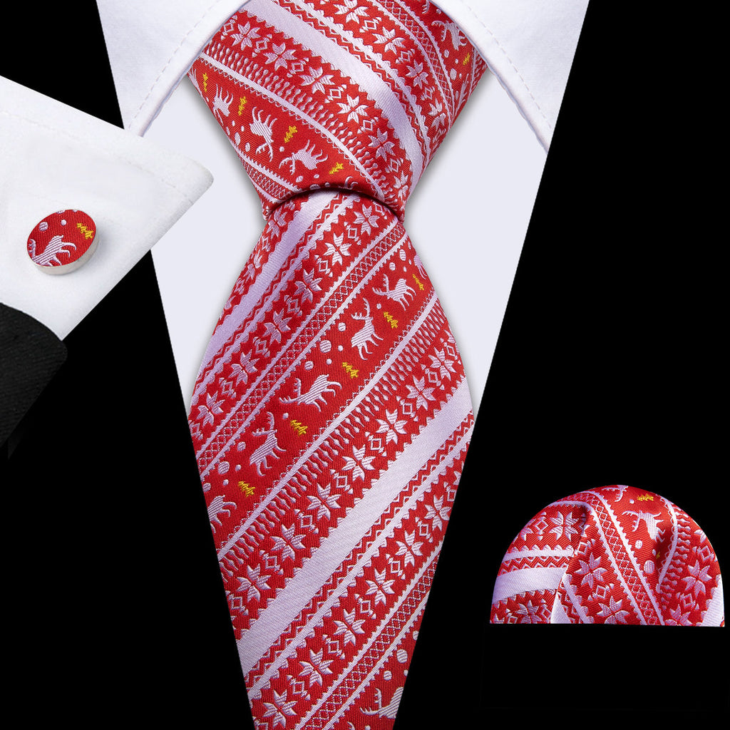 Red Silver Christmas Elk Floral Silk Tie Set - GentCrest