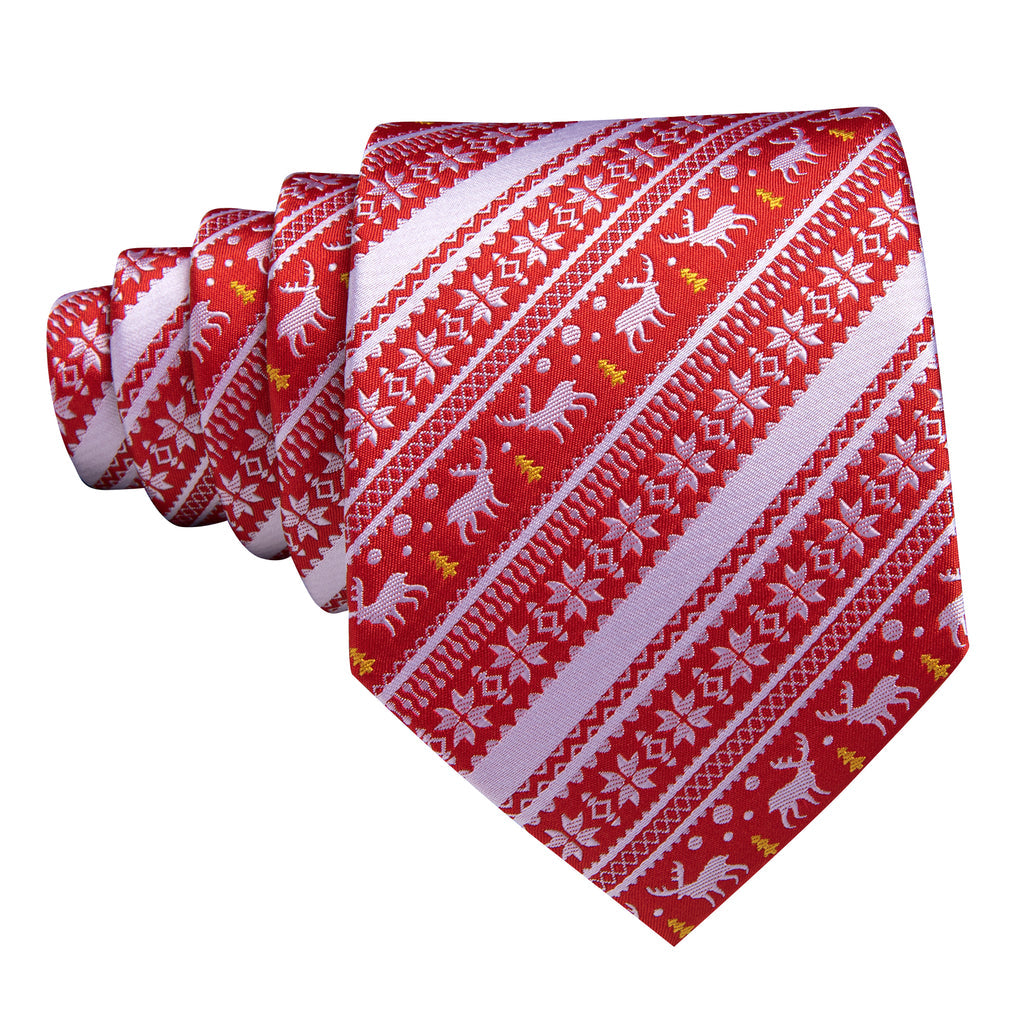 Red Silver Christmas Elk Floral Silk Tie Set - GentCrest - View 5