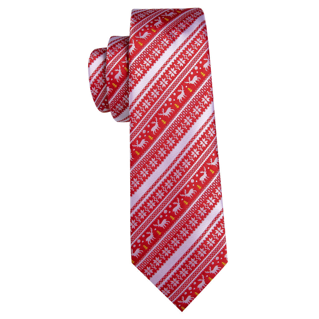 Red Silver Christmas Elk Floral Silk Tie Set - GentCrest - View 4