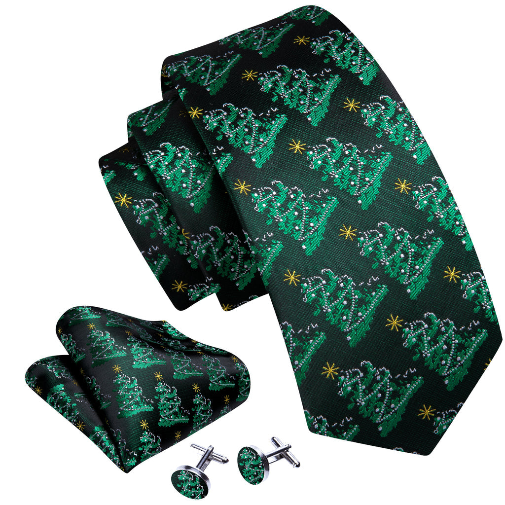 Emerald Green Christmas Tree Tie, Pocket Square, and Cufflinks Silk Tie Set - GentCrest - View 2